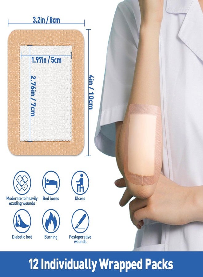 AZEN 12 Pack Silicone Foam Dressing, 3.2" X 4" Waterproof Silicone Bandages with Border Adhesive, Large Bandages for Wounds, Self Adhesive Wound Care and Dressings - Image 2